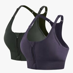 Front-Zip Support Sports Bra in Deep Purple and Olive
